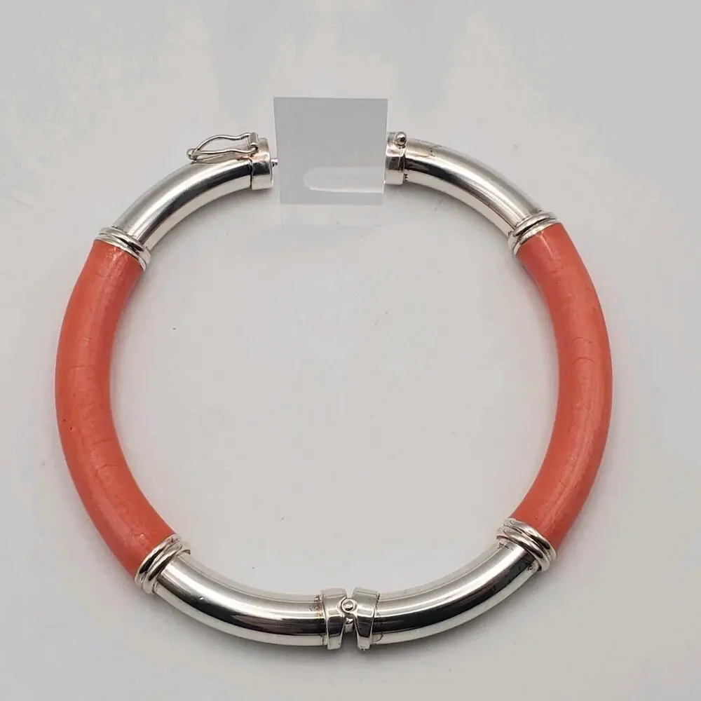Milor Italy Sterling Silver 925 Orange Enamel Hinged Bangle Bracelet 6.75" - Picture 8 of 12